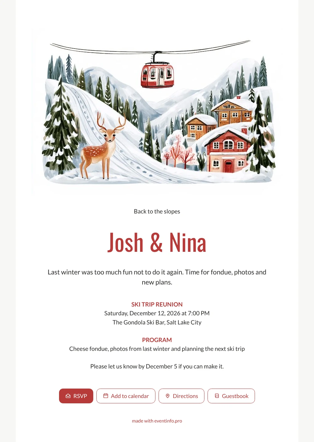Fawn and gondola ski trip reunion card &ndash; example 1