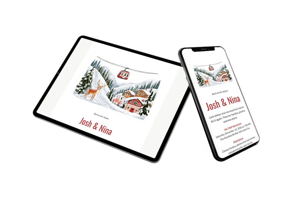 Fawn and gondola ski trip reunion card &ndash; example 2