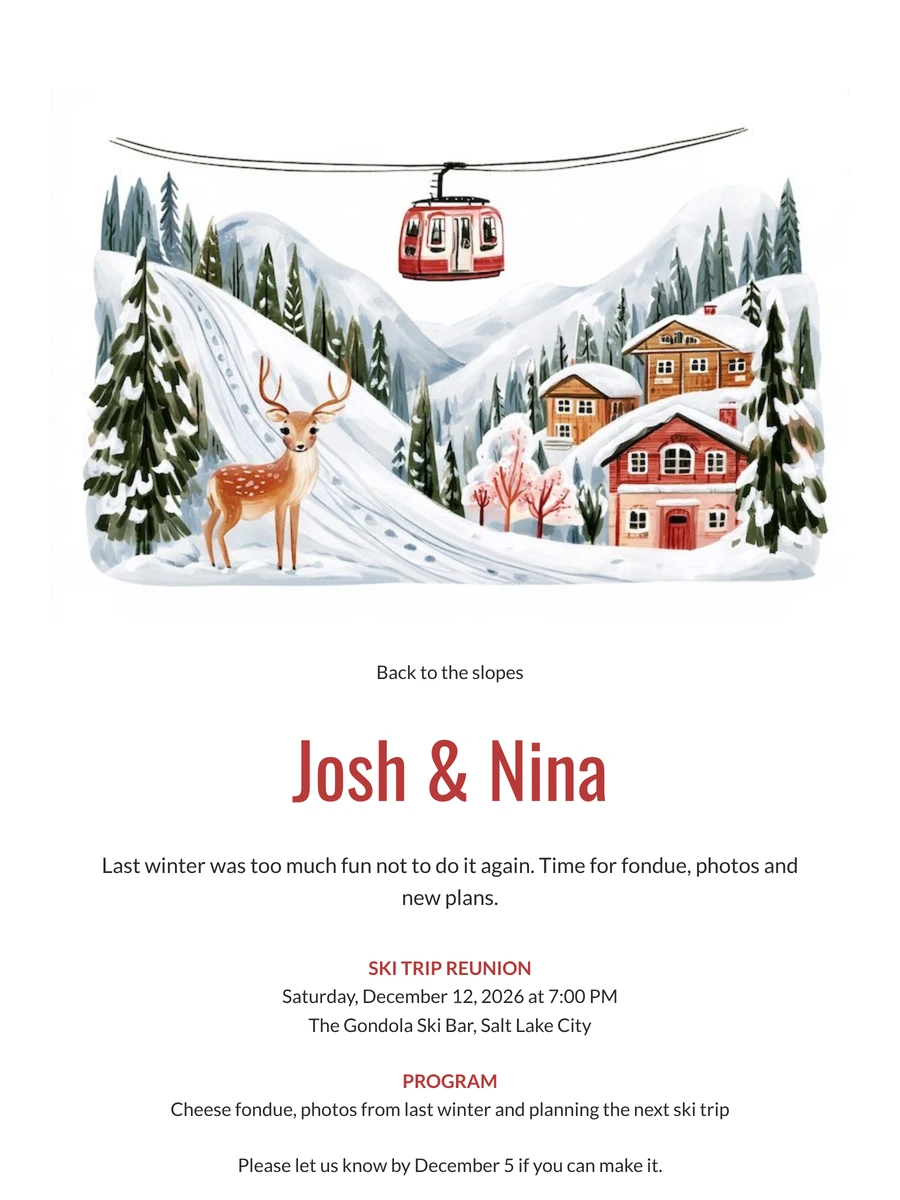 Fawn and gondola ski trip reunion card