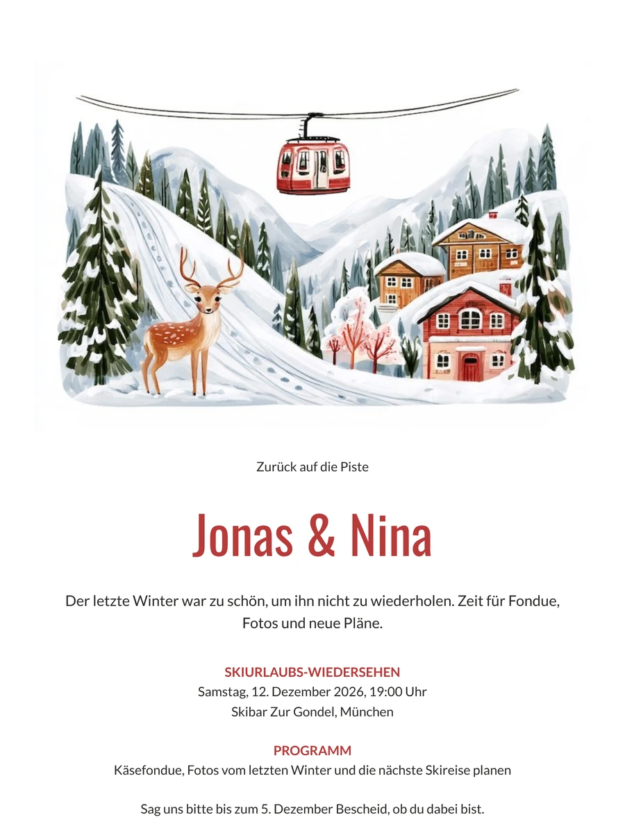 Weiße Einladung zum Fondue-Abend nach dem Skiurlaub