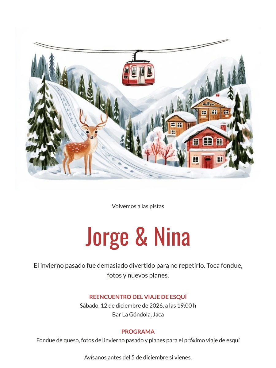 Tarjeta nevada para reencuentro con fondue