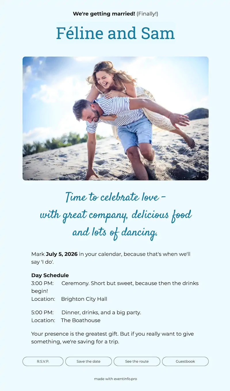 Playful blue wedding invite