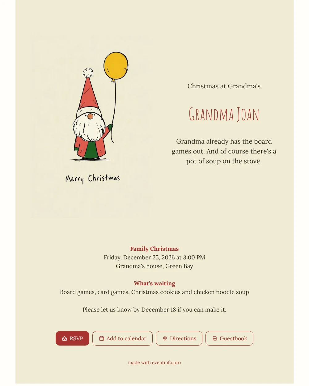 Grandma’s Christmas invitation with a cheerful gnome &ndash; example 1