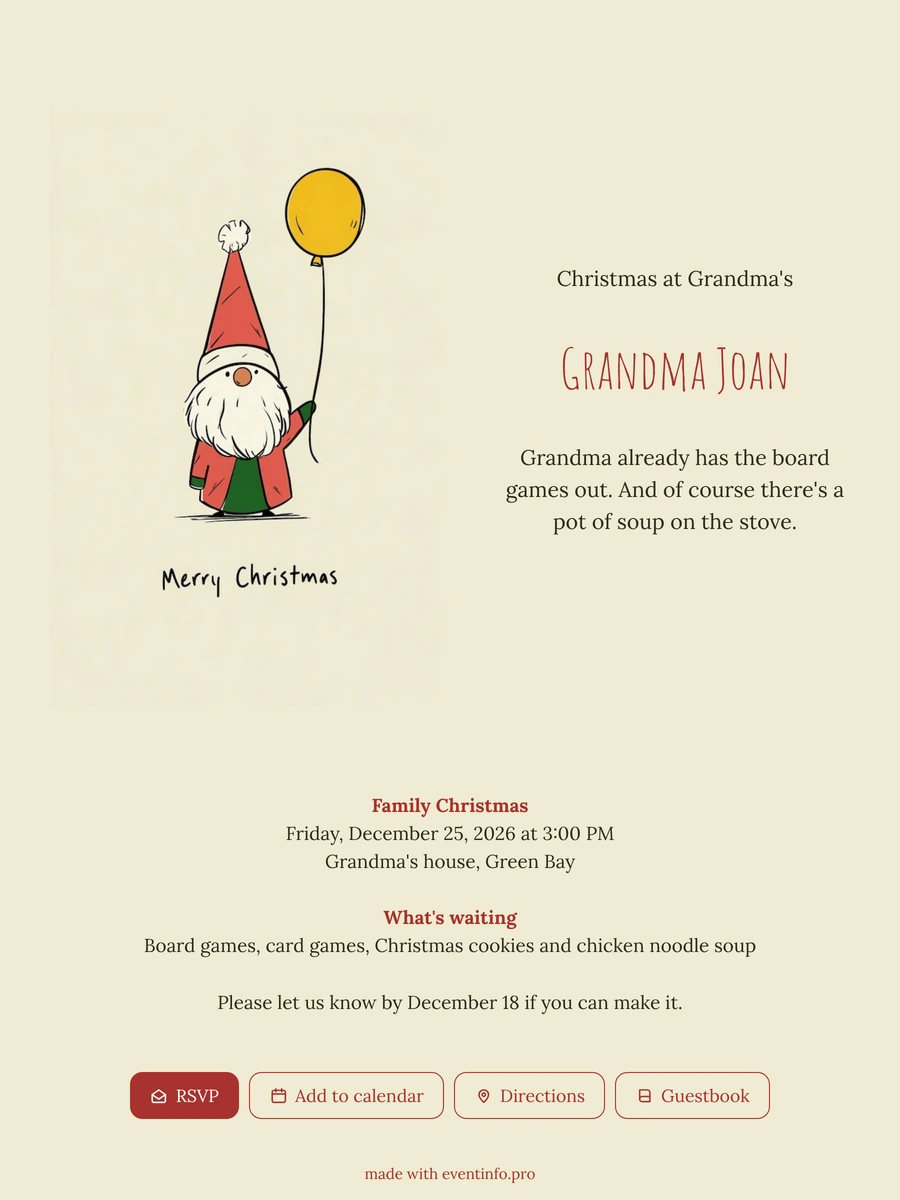 Grandma’s Christmas invitation with a cheerful gnome