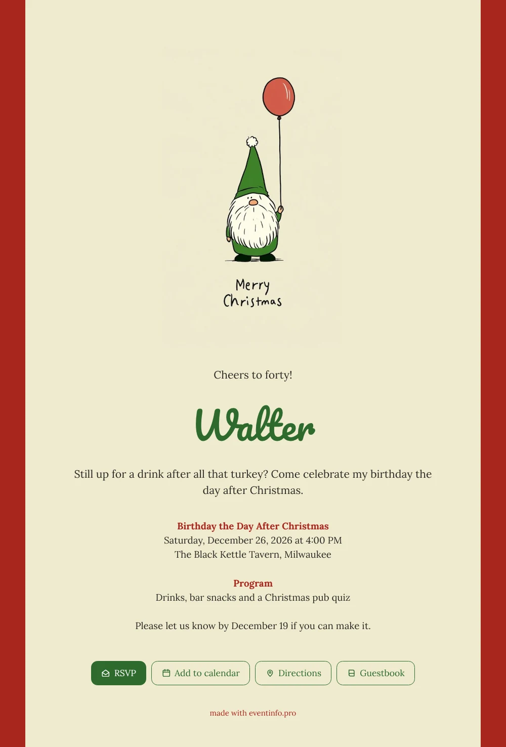 Gnome and red balloon pub party card &ndash; example 1