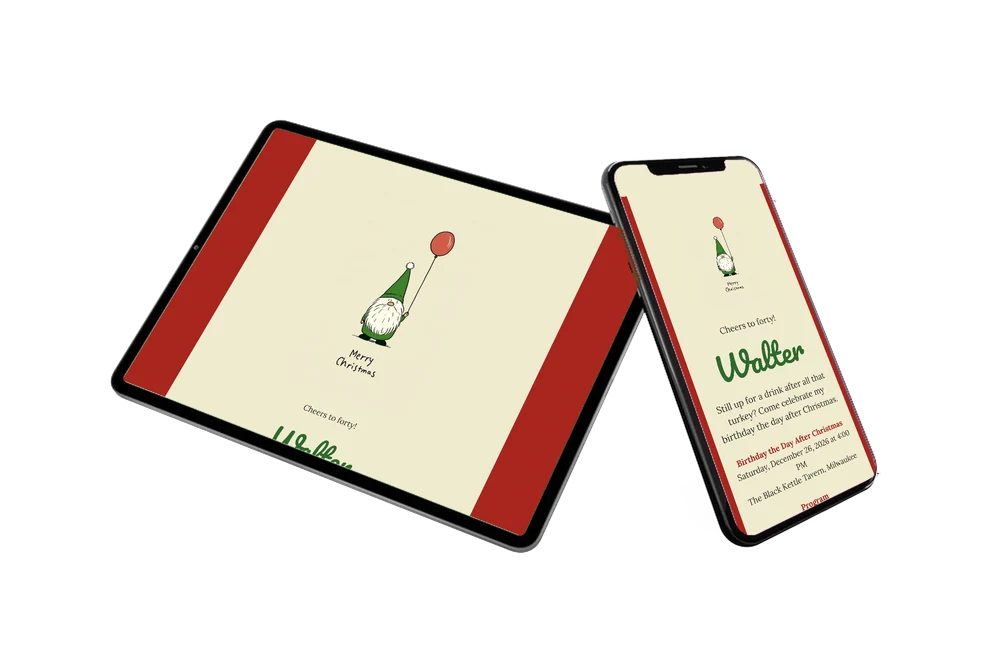 Gnome and red balloon pub party card &ndash; example 2