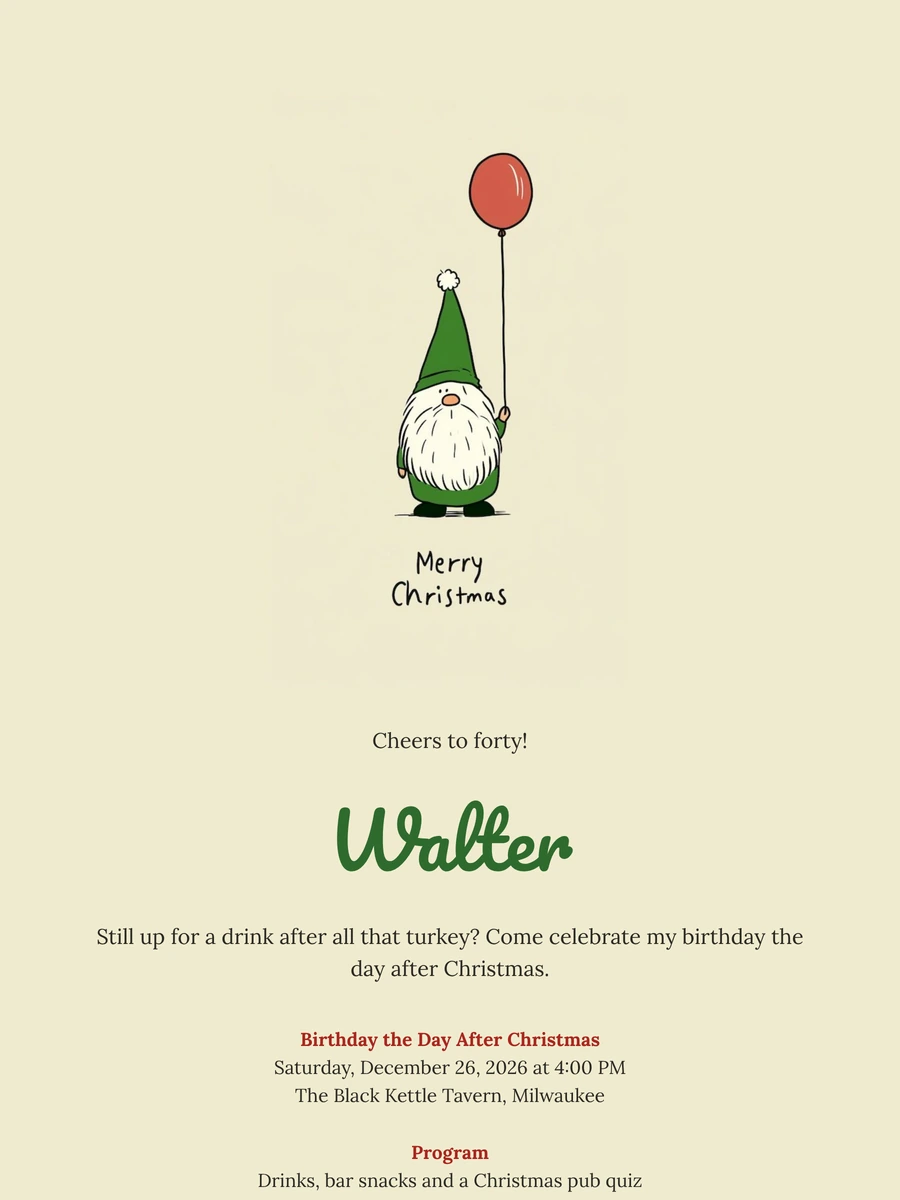 Gnome and red balloon pub party card