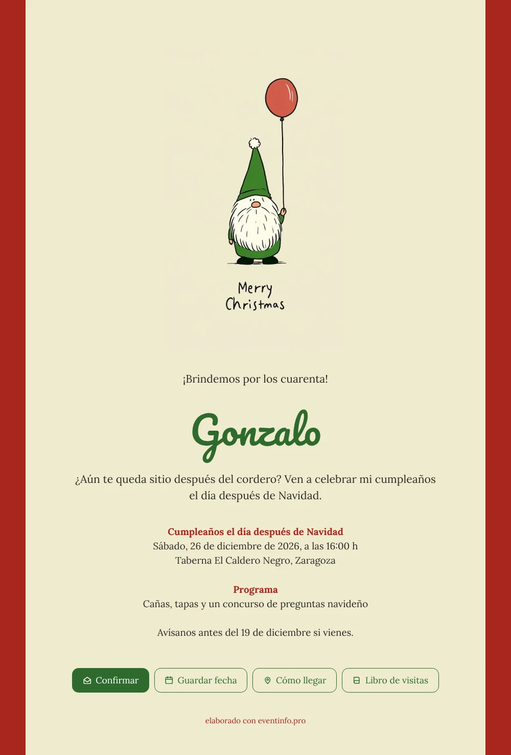 Duende verde y globo rojo para brindar &ndash; ejemplo 1