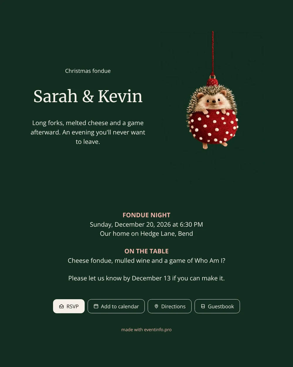 Hedgehog bauble fondue evening invitation card &ndash; example 1