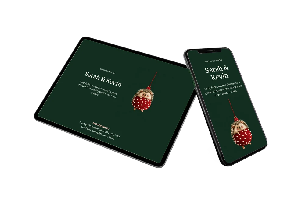 Hedgehog bauble fondue evening invitation card &ndash; example 2