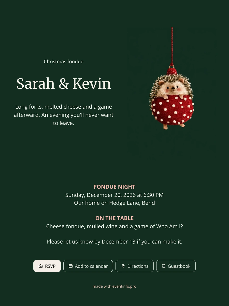 Hedgehog bauble fondue evening invitation card