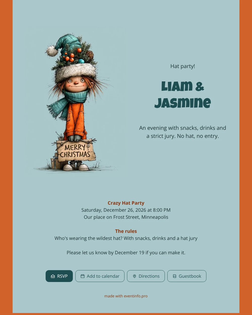 Teal and orange Christmas hat party card &ndash; example 1