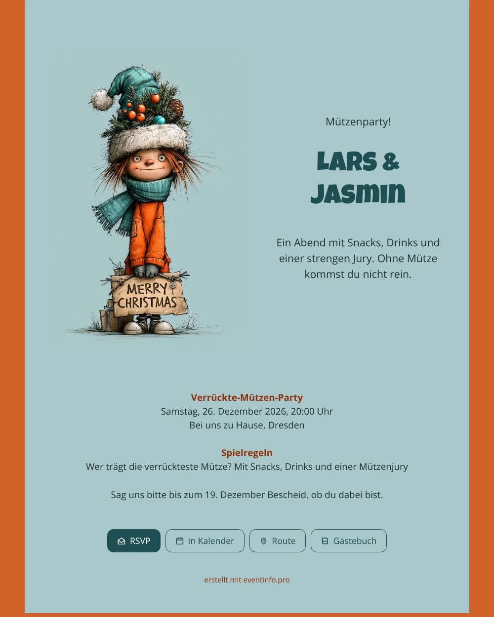 Türkis-orange Weihnachtskarte für die Mützenparty gestalten &ndash; Beispiel 1