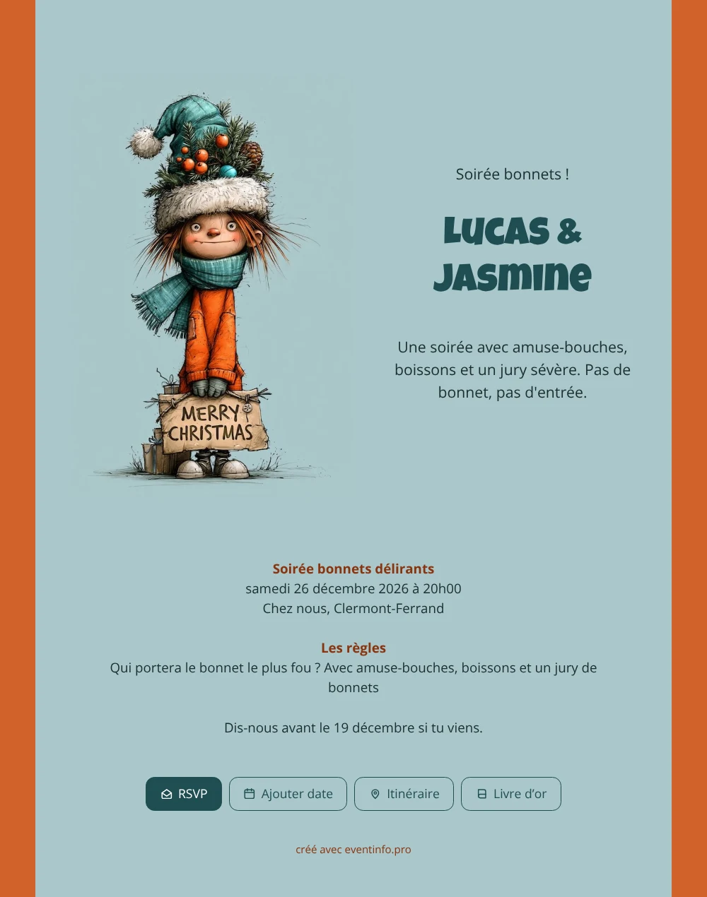 Bonnet géant, écharpe turquoise et bordure orange &ndash; exemple 1