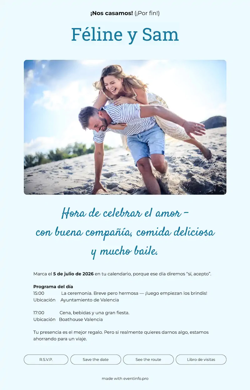 Invitación de boda alegre en azul