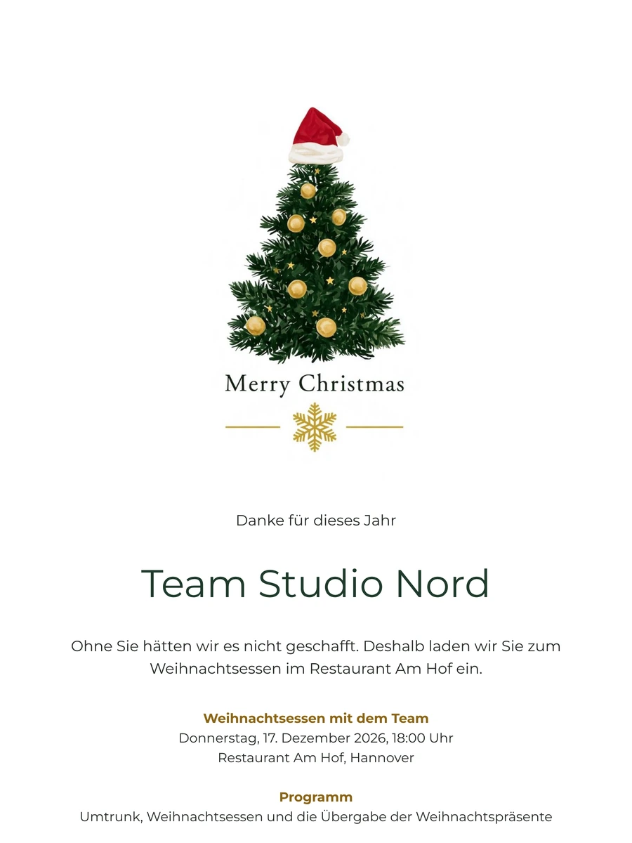 Goldene Schneeflocke, grüner Baum: Team-Weihnachtsessen gestalten