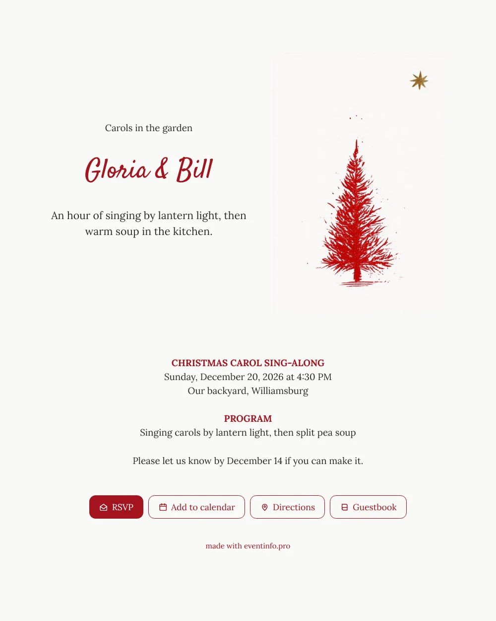 Red hand-printed fir and gold star card &ndash; example 1