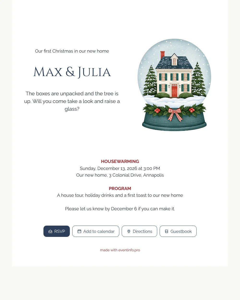 Holly bow snow globe housewarming card &ndash; example 1