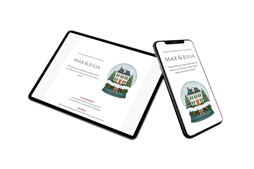 Holly bow snow globe housewarming card &ndash; example 2