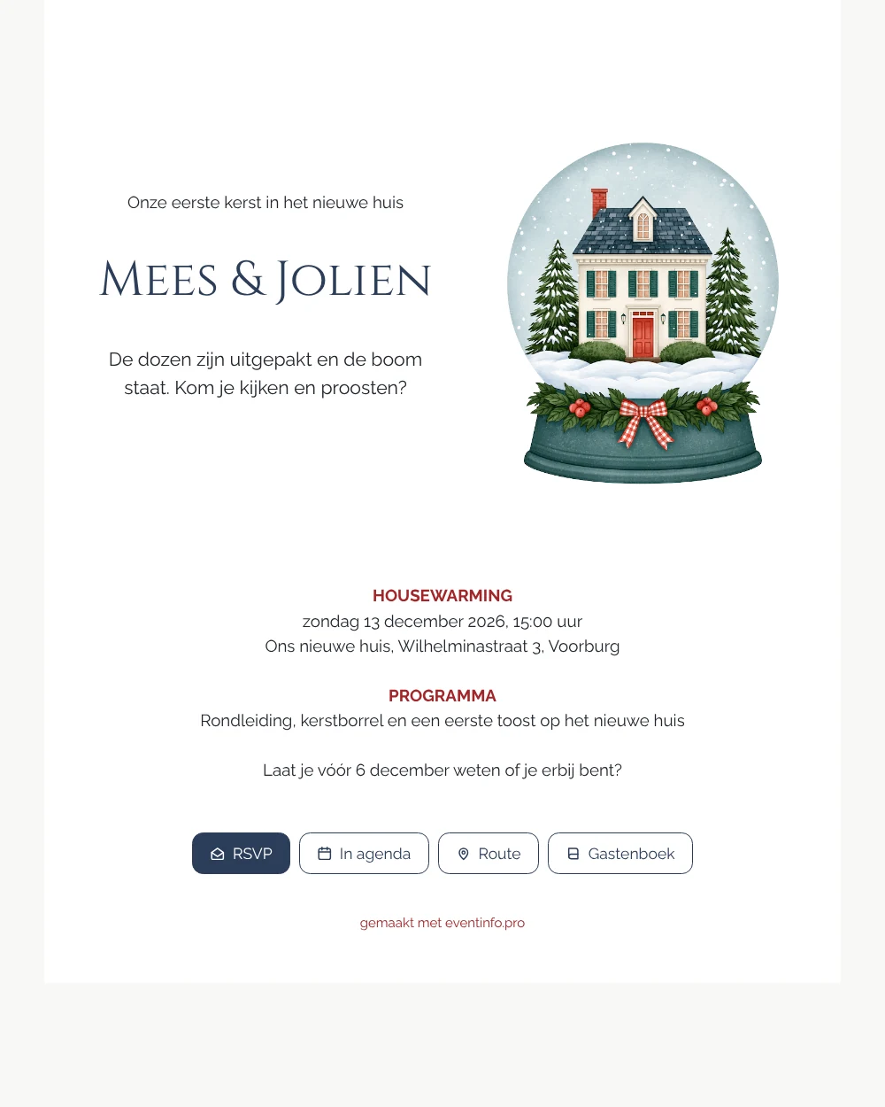 Sneeuwbolkaart met strik voor een housewarming &ndash; voorbeeld 1