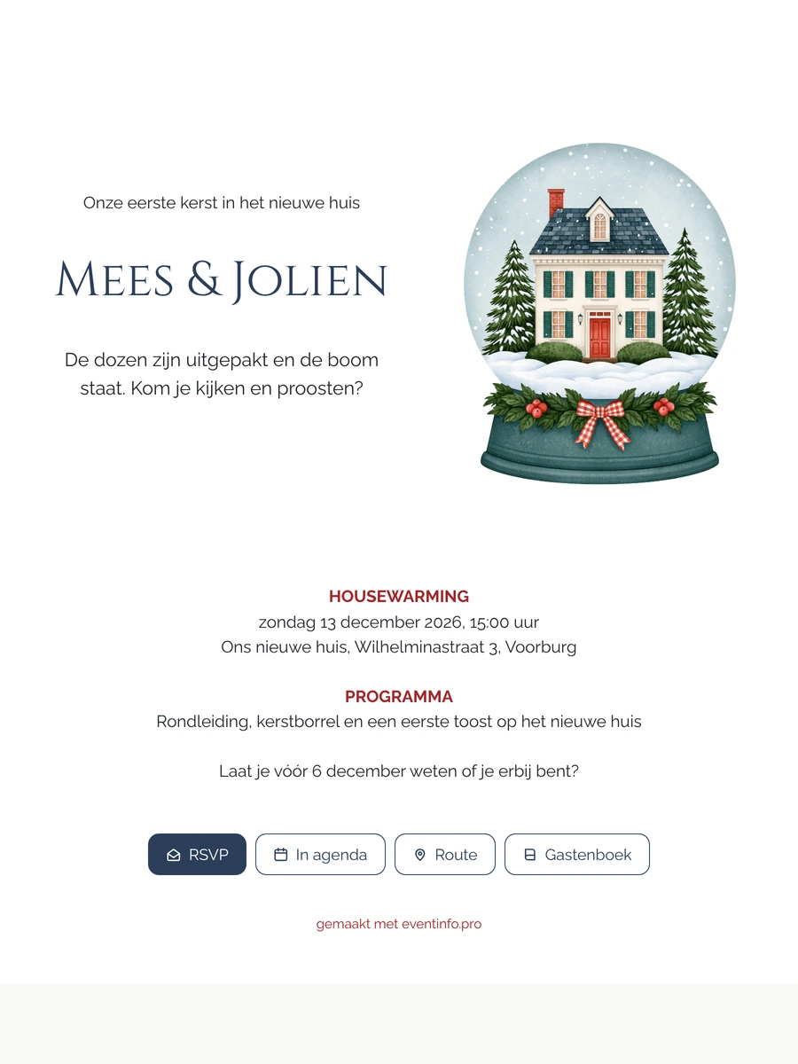Sneeuwbolkaart met strik voor een housewarming