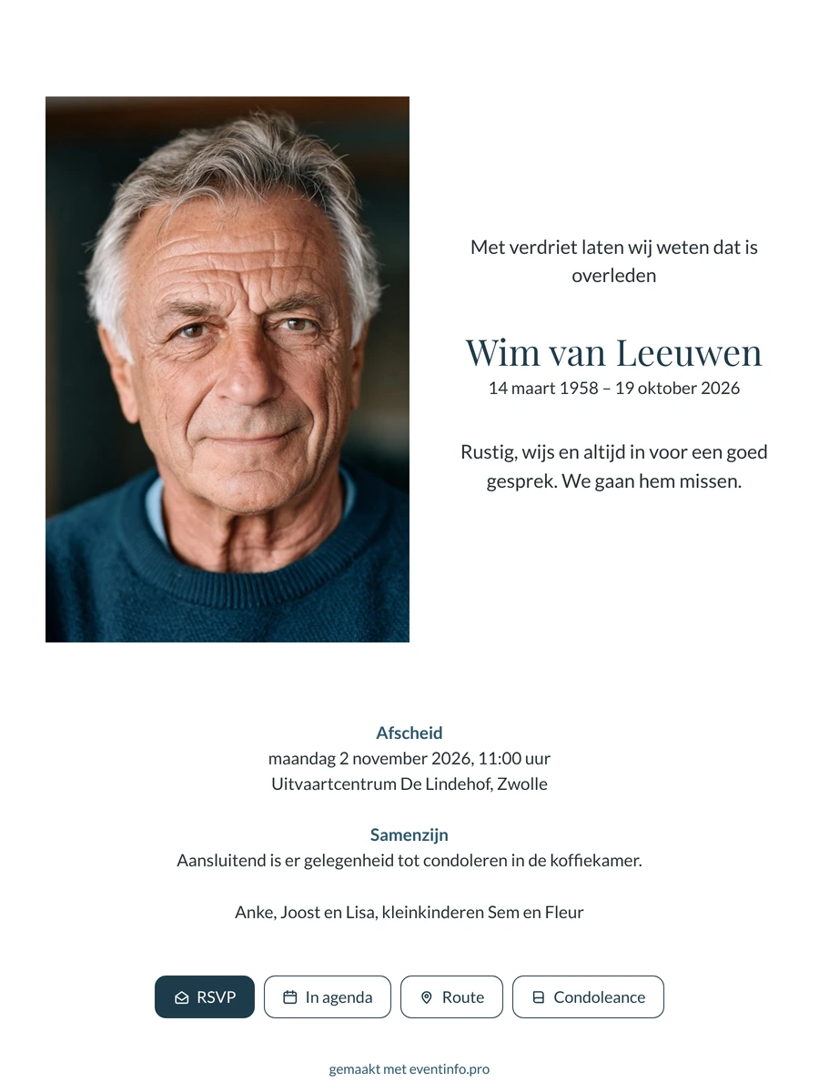 Ingetogen rouwkaart met staand portret versturen