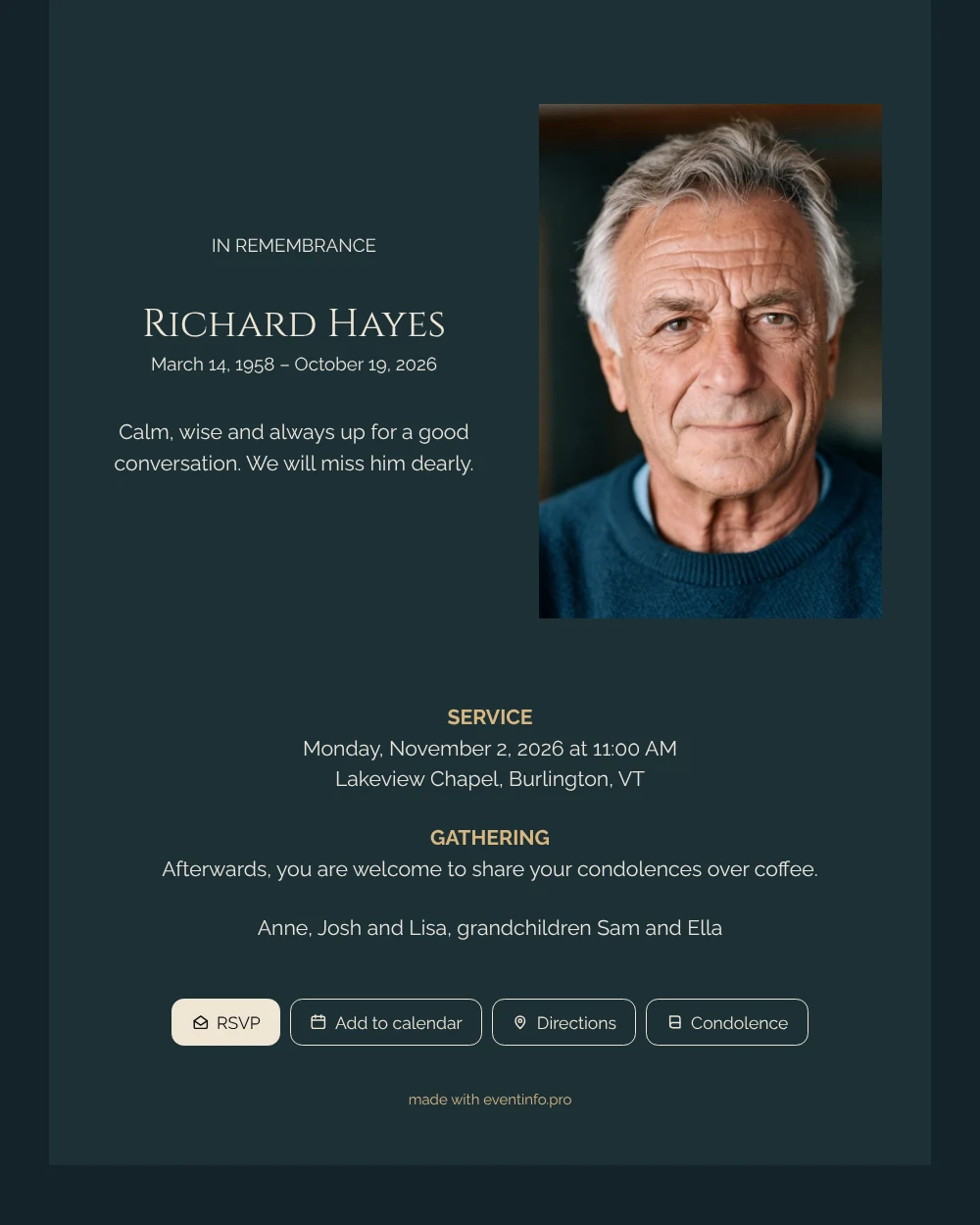 Petrol blue memorial card with gold headings &ndash; example 1