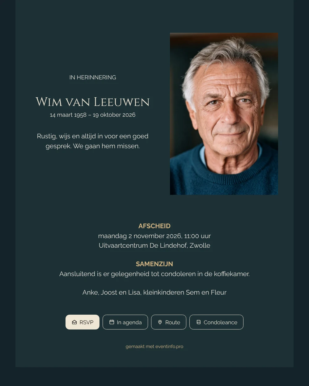 Petrolblauwe rouwkaart met gouden kopjes versturen &ndash; voorbeeld 1