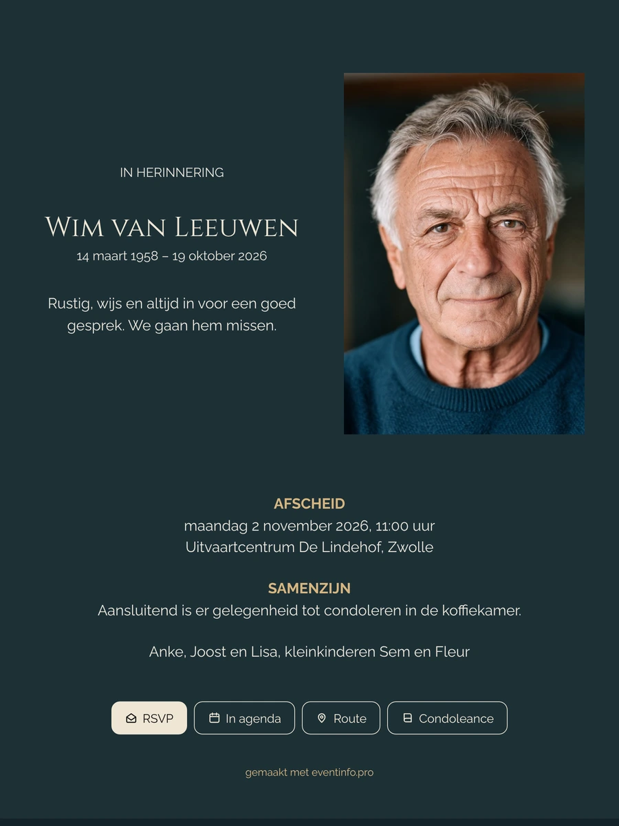 Petrolblauwe rouwkaart met gouden kopjes versturen