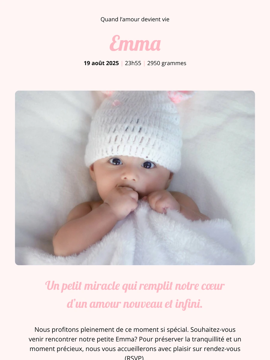 Doux faire-part de naissance en ligne pour fille
