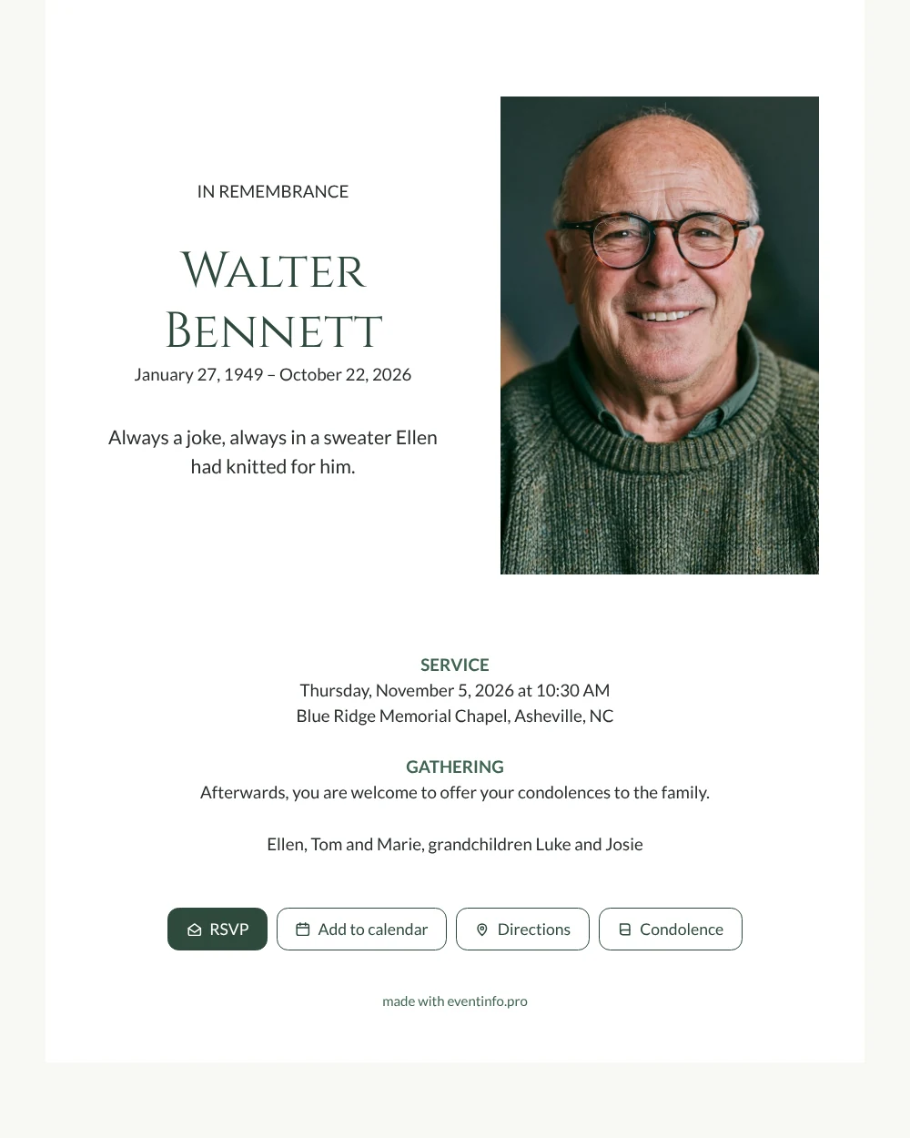 Forest green memorial card with smiling portrait &ndash; example 1