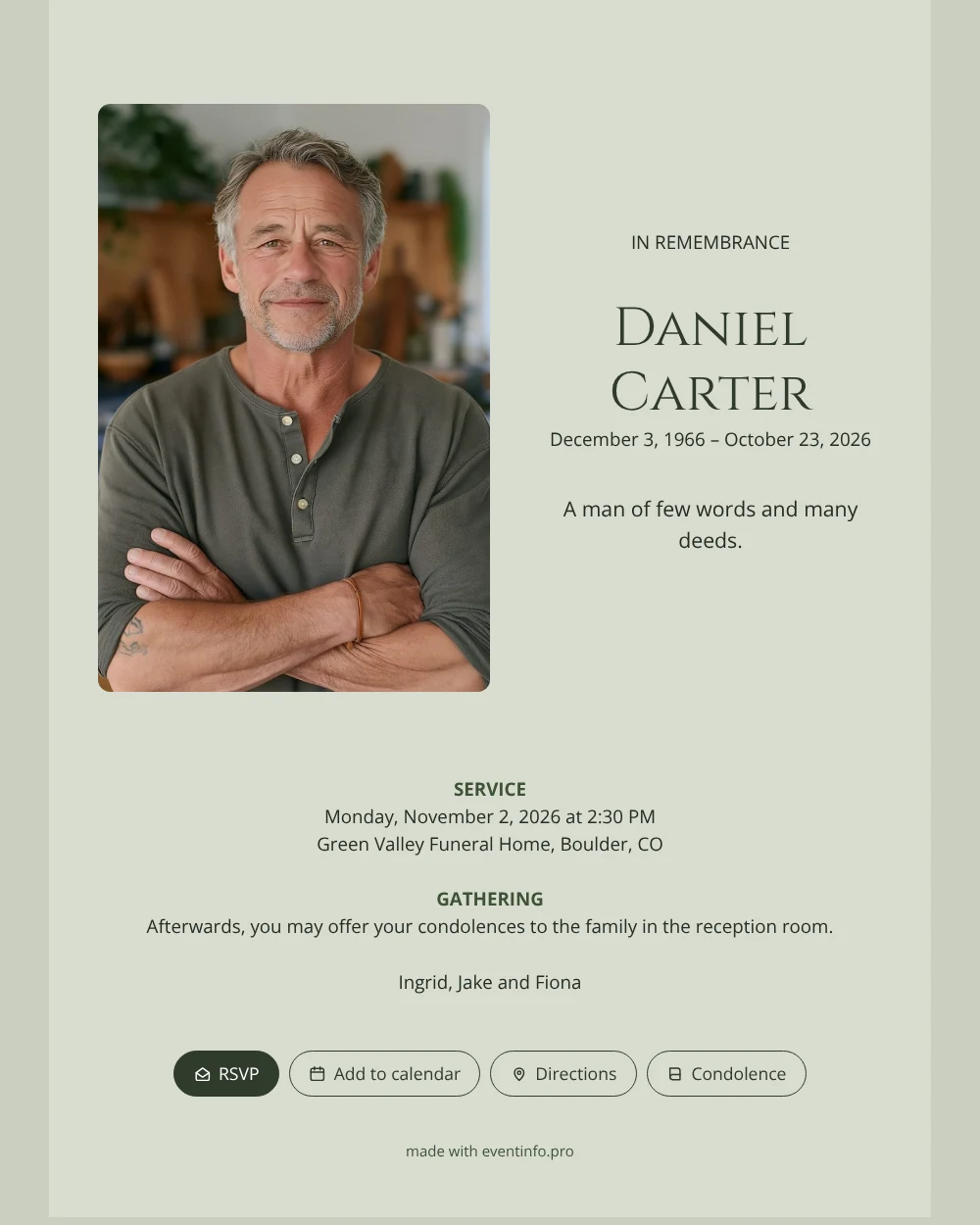 Send a sage green portrait funeral card &ndash; example 1