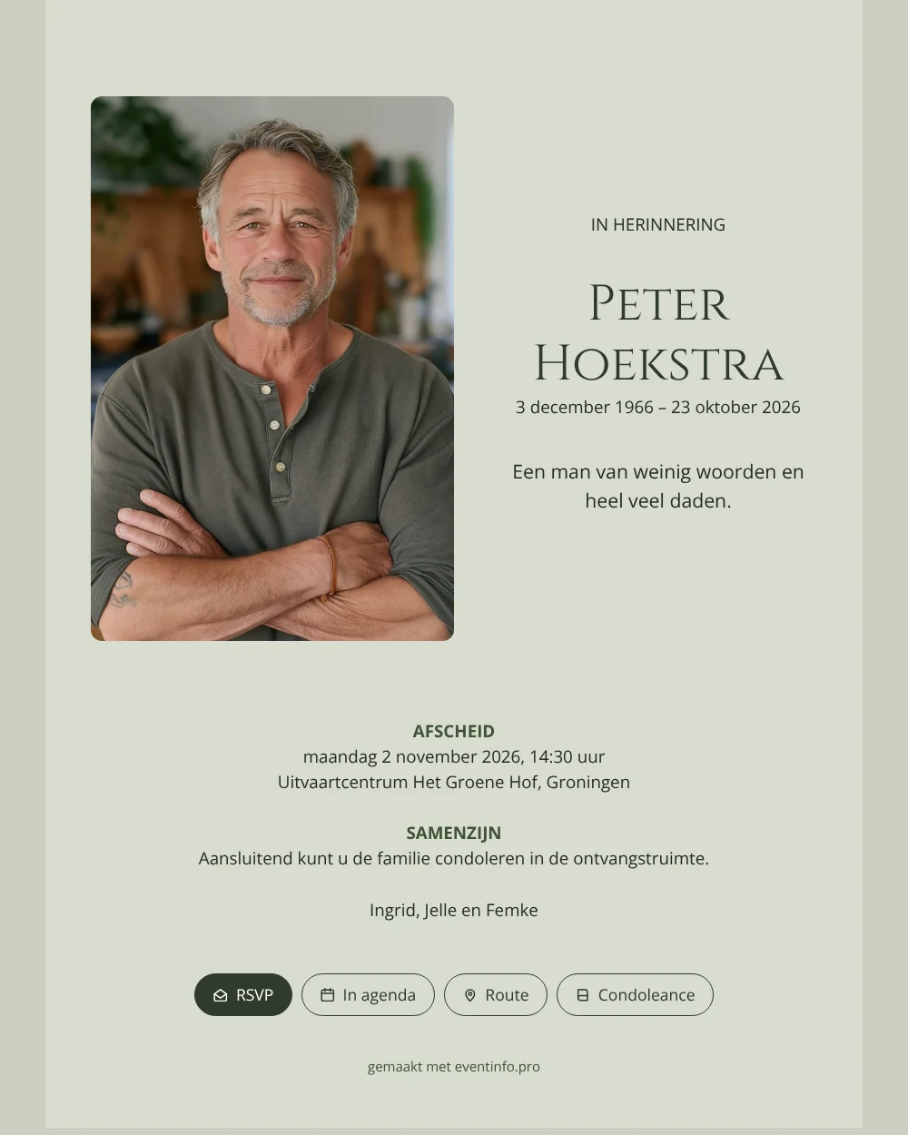 Saliegroene rouwkaart met portret versturen &ndash; voorbeeld 1