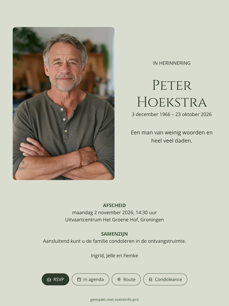Saliegroene rouwkaart met portret versturen