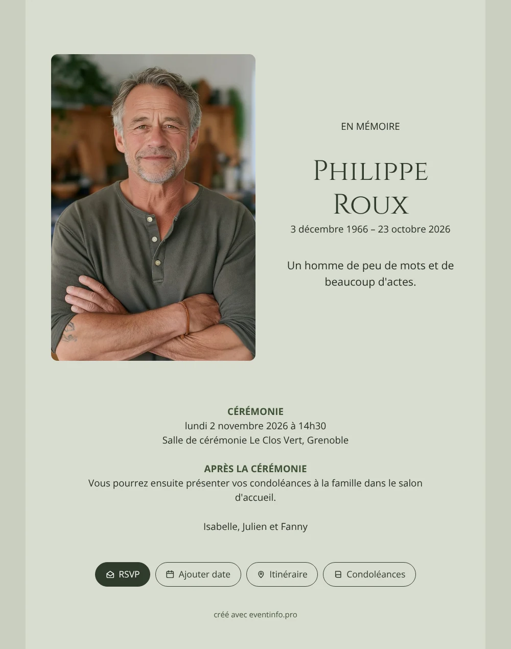 Envoyer un faire-part vert sauge avec portrait &ndash; exemple 1