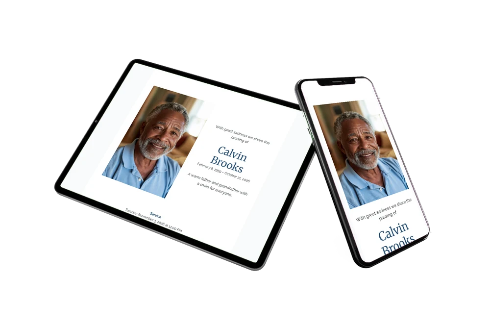 Blue and white funeral card with portrait &ndash; example 2