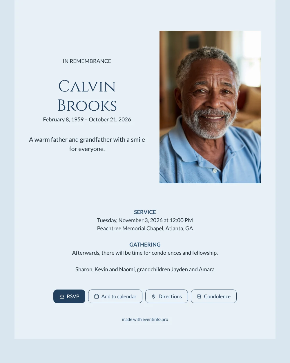 Pale blue funeral card, portrait at right &ndash; example 1