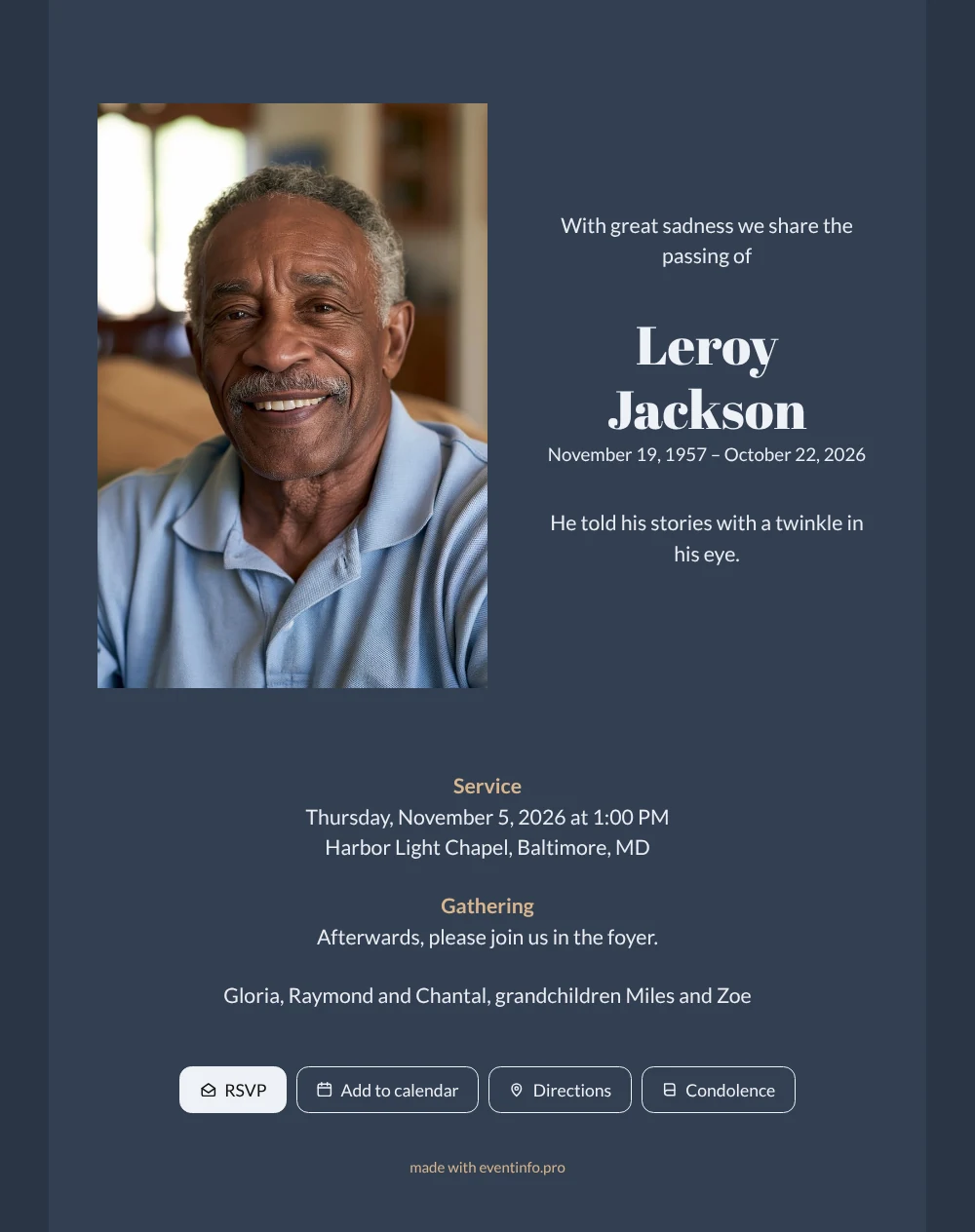 Night blue funeral card with white name &ndash; example 1