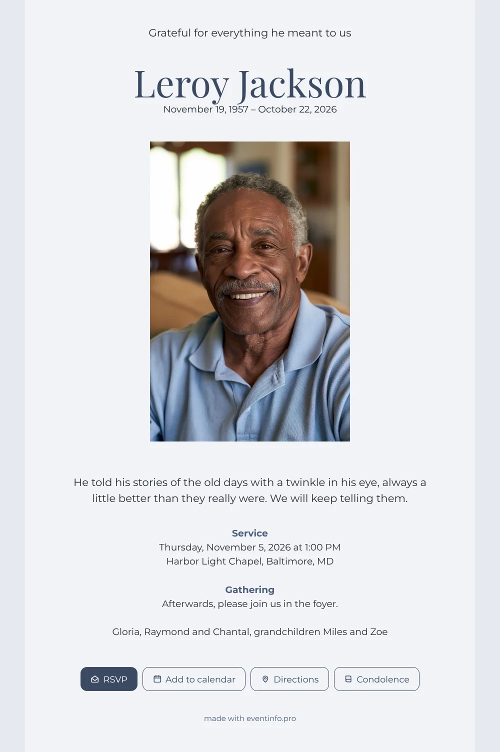 Soft gray funeral card with large name &ndash; example 1