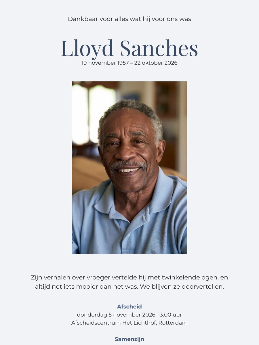 Rouwkaart met grote naam en portret eronder