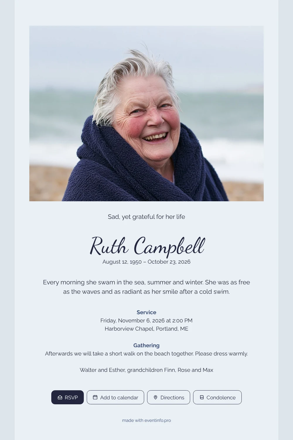 Send a seaside funeral card with portrait &ndash; example 1