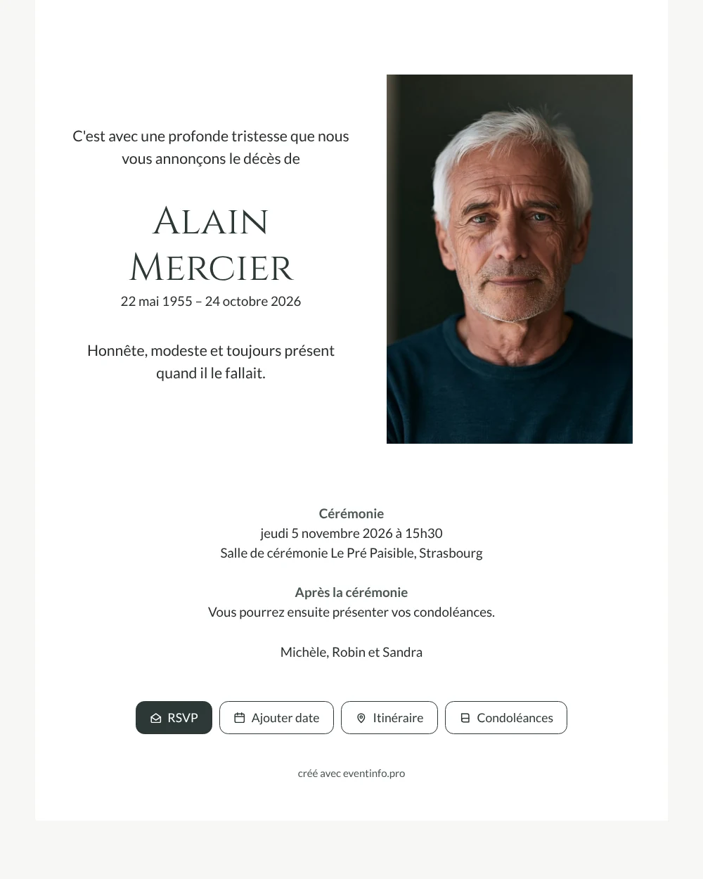 Envoyer un faire-part discret avec portrait &ndash; exemple 1