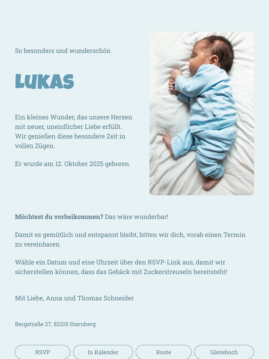 Sanfte digitale Geburtskarte mit weicher Schrift