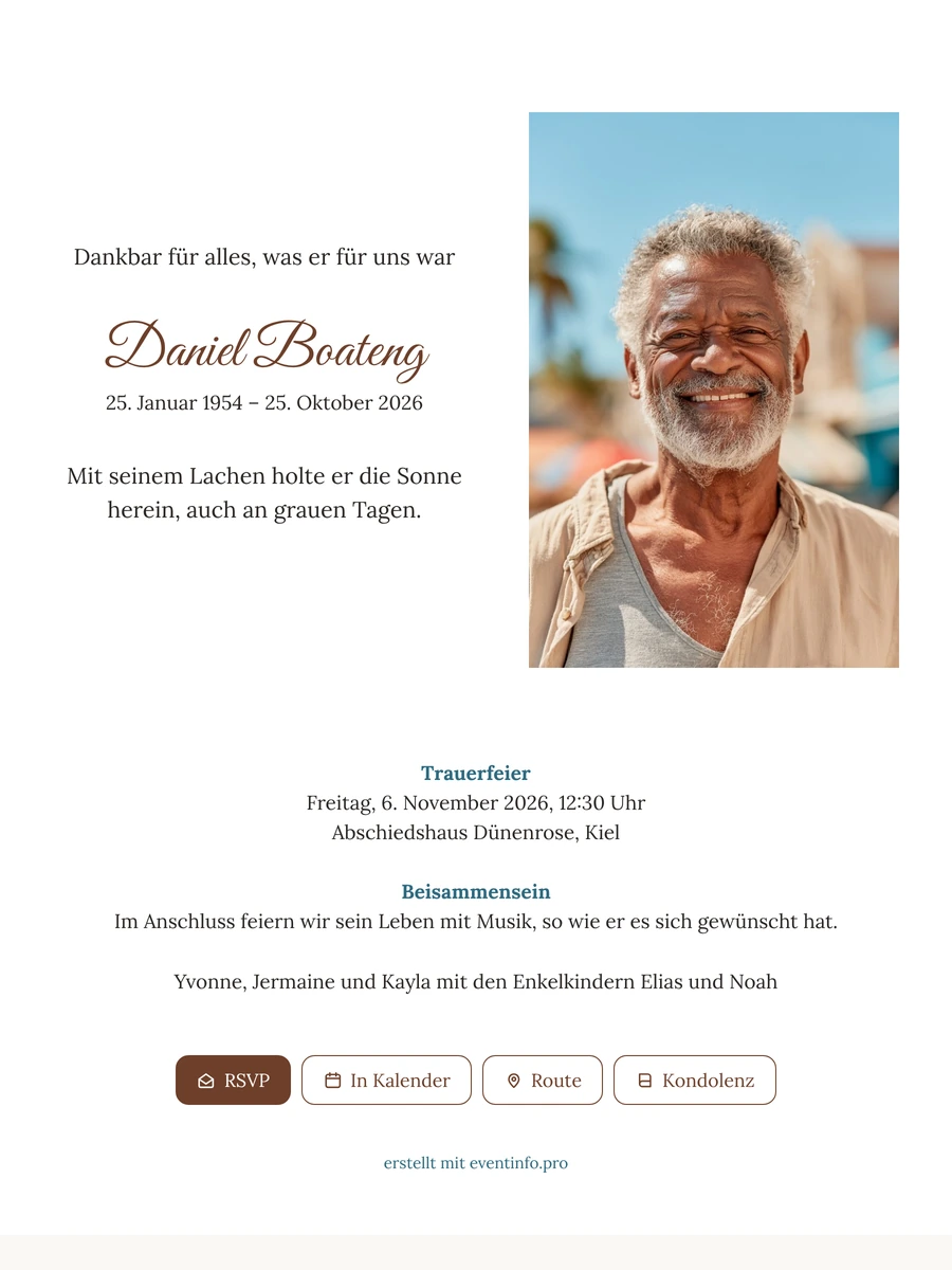 Elegante Trauerkarte mit Foto rechts erstellen