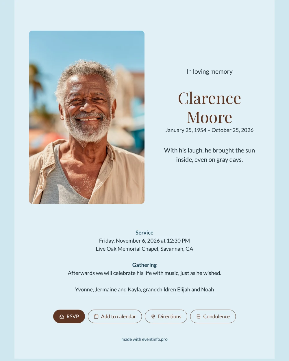 Send a soft blue photo funeral card &ndash; example 1