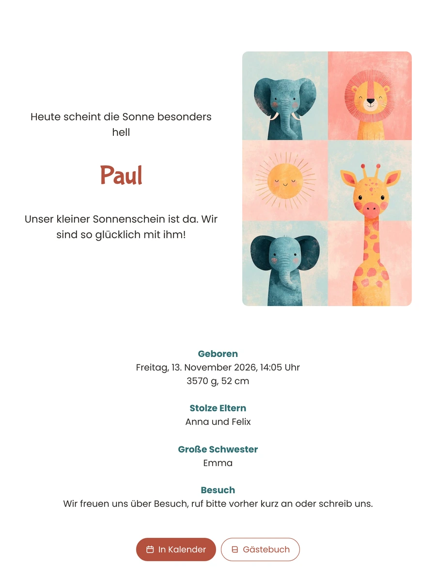 Sonnige Geburtskarte mit Tieren erstellen und versenden