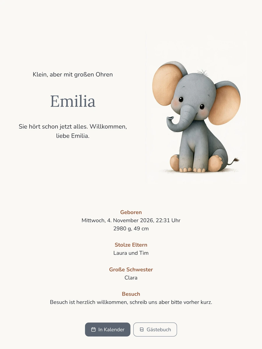 Geburtskarte für ein Mädchen mit Elefant