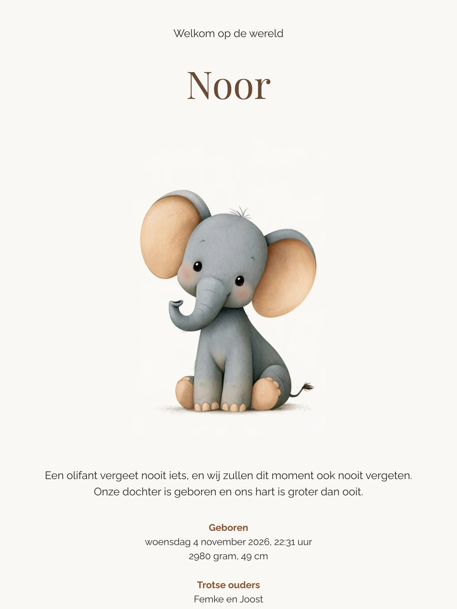Warm zandkleurig kaartje met grijze olifant
