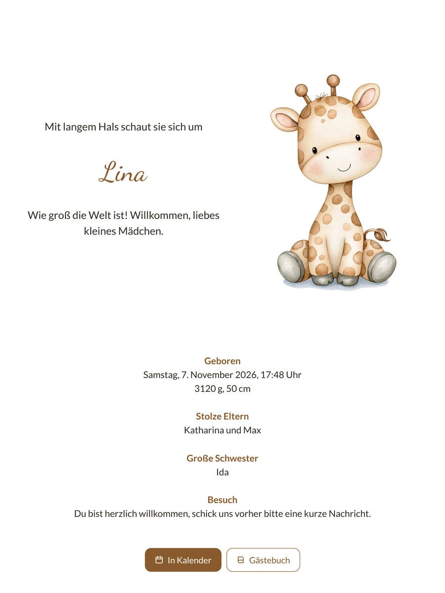 Geburtskarte mit neugierigem Giraffenbaby für ein Mädchen