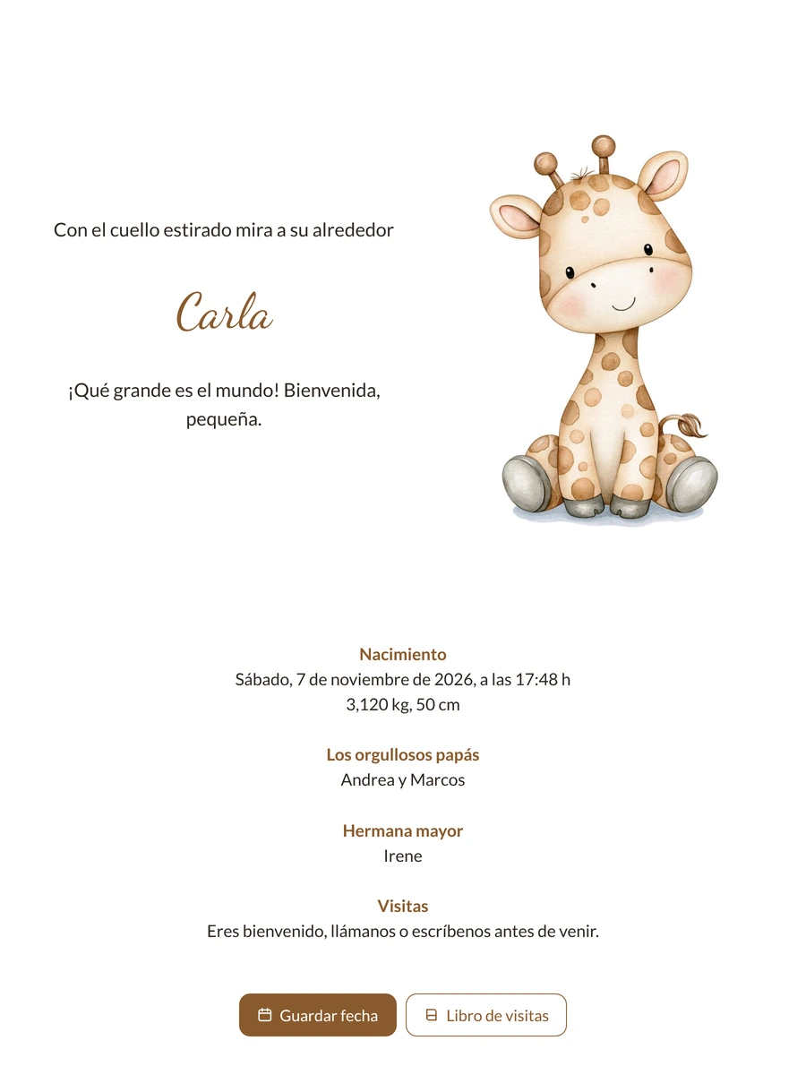 Tarjeta con jirafita curiosa para una niña